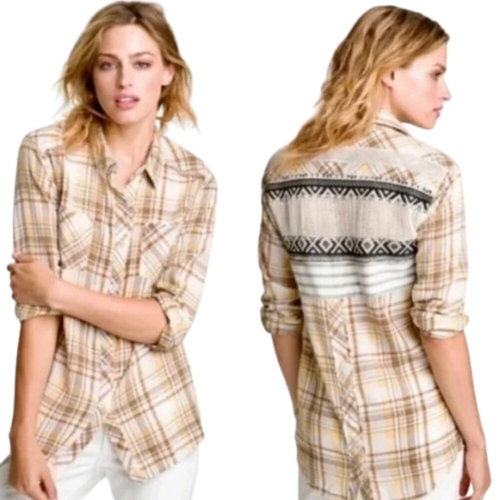 Women's S Free People We the Free Park Ranger Plaid‎ Shirt Snap Back Mixed Media